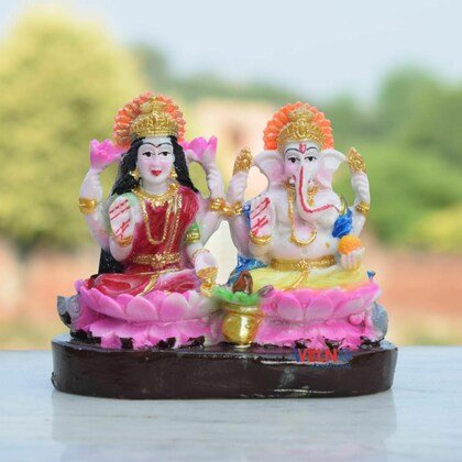 Lotus Sitting Lord Lakshmi Ganesha, Ganesh Resin Statue Marble Finish Murti Idol for Temple Puja Pooja Room Home Decor