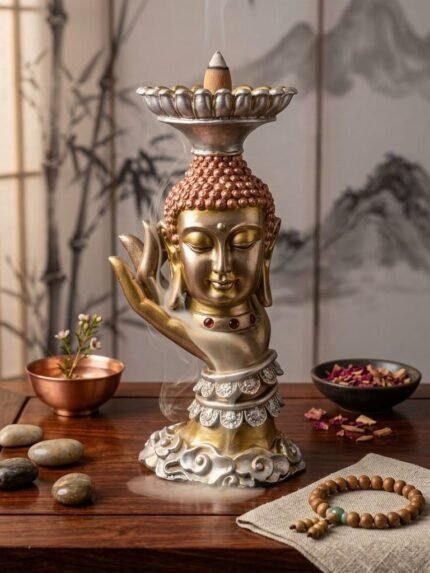 Golden Buddha Showepeice with Hand Design – Decorative Tealight Stand for Home Décor, Meditation, Yoga Room & Pooja Gift Item