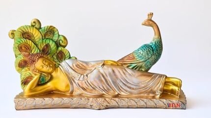 Exotic Reclining Buddha Statue with Peacock Feather Backdrop - 10-Inch Gold & Silver Zen Decor for Living Room, Yoga Studio, or Meditation Altar - Peaceful Buddha Figurine for Spiritual Home Gift